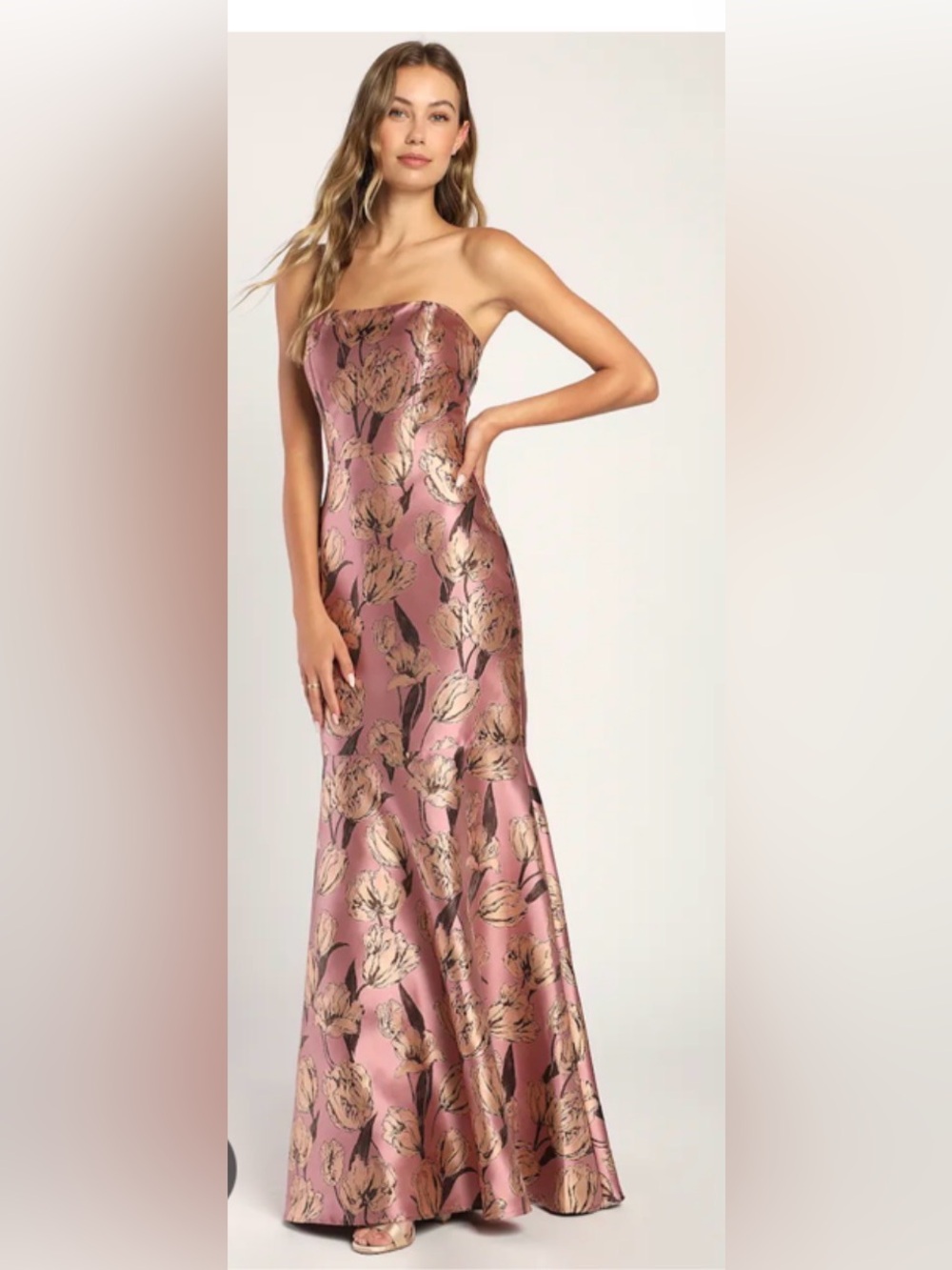 Lulus Gowning Around Mauve Floral Jacquard Strapless Maxi Gown | Size XS